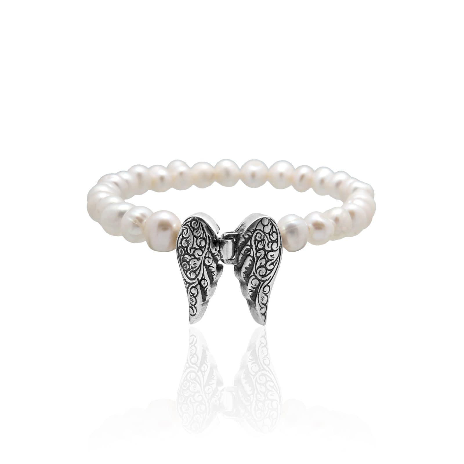 Pair Of Angel Wings Engraved Bracelet With Freshwater Pearls (small)